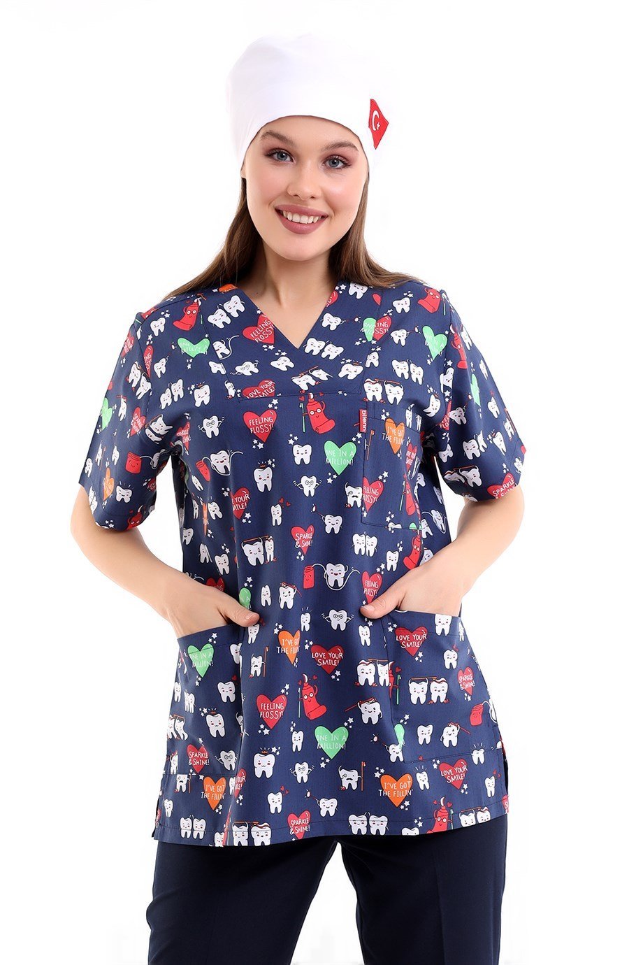 Laci Diş Desenli Kadın Tek Üst Scrubs Forma