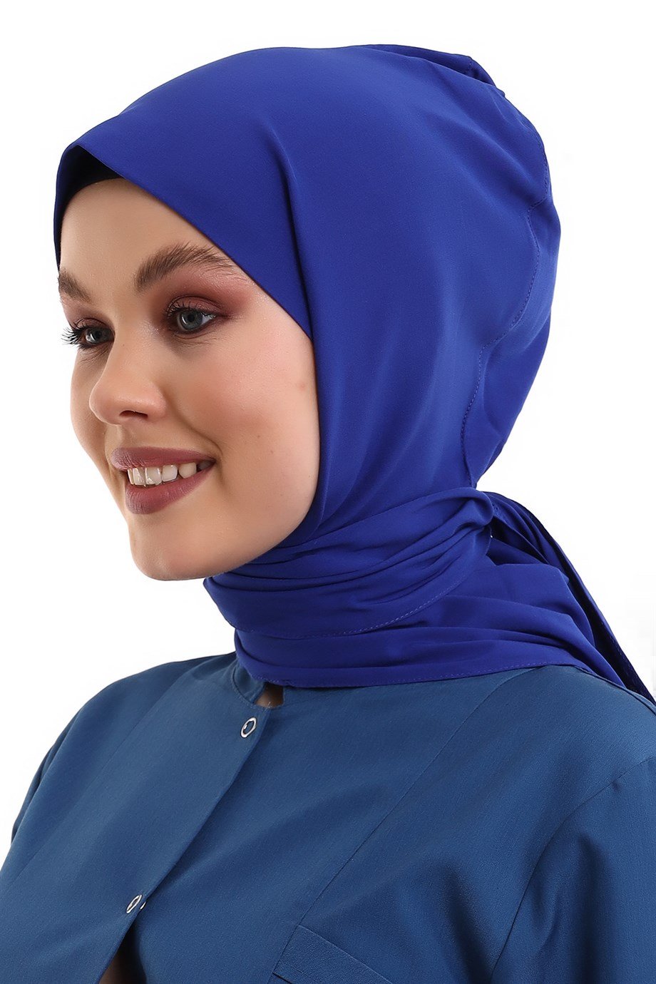 Saks Mavi Tesettür Boyun Bağlamalı Bone