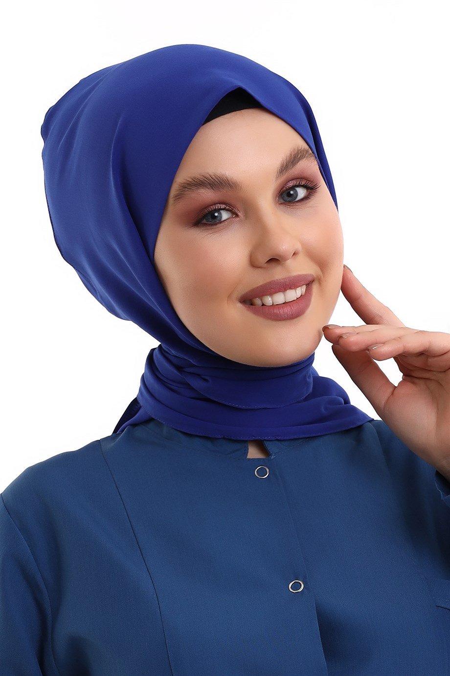 Saks Mavi Tesettür Boyun Bağlamalı Bone
