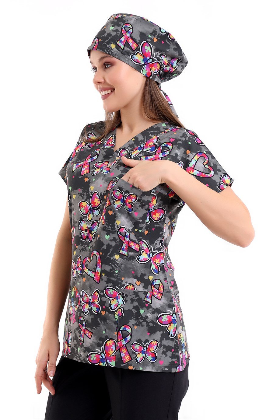 Siyah Kelebek Desenli Dijital Baskı Unisex Tek Üst Scrubs Doktor / Hemşire Forma