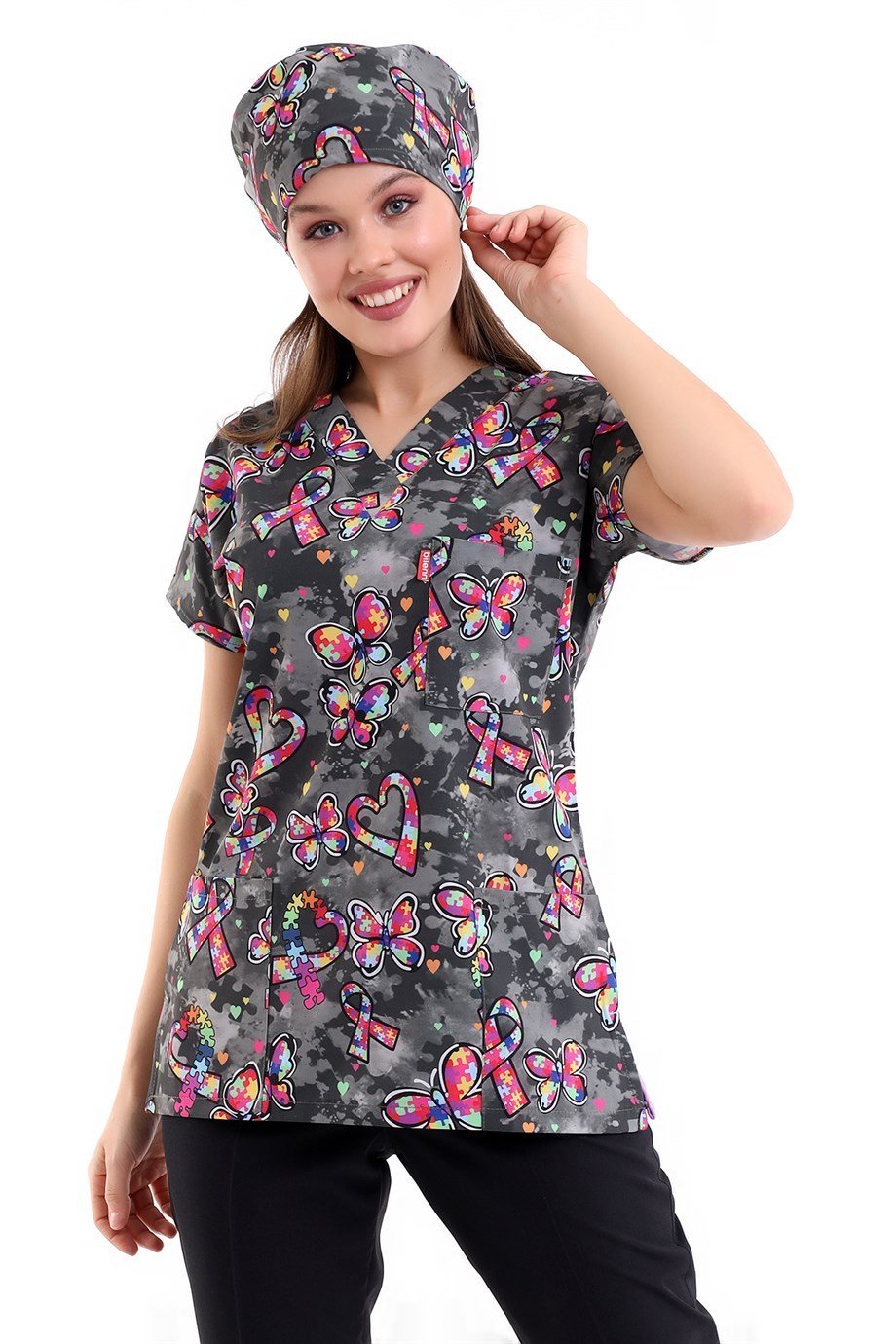 Siyah Kelebek Desenli Dijital Baskı Unisex Tek Üst Scrubs Doktor / Hemşire Forma