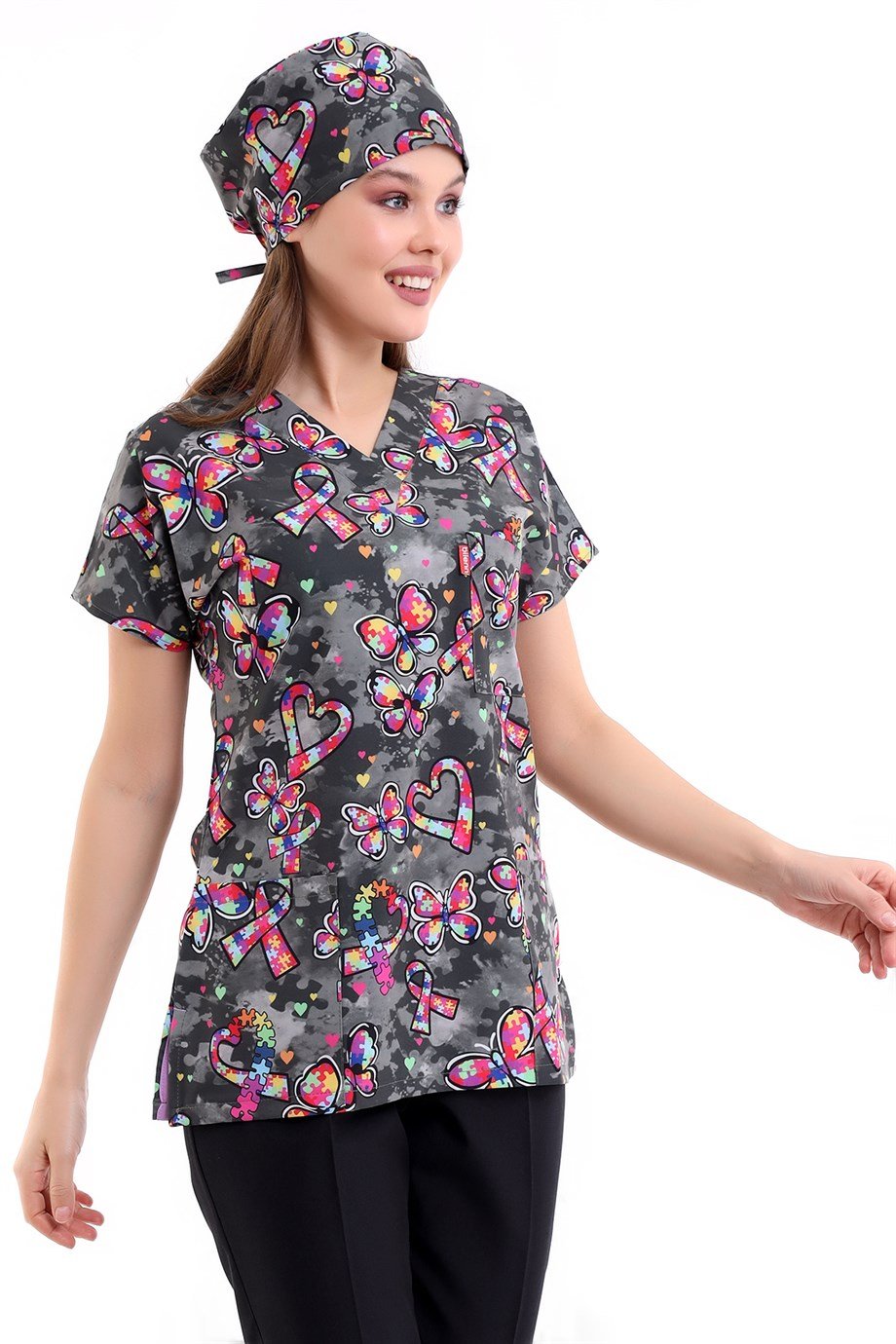 Siyah Kelebek Desenli Dijital Baskı Unisex Tek Üst Scrubs Doktor / Hemşire Forma