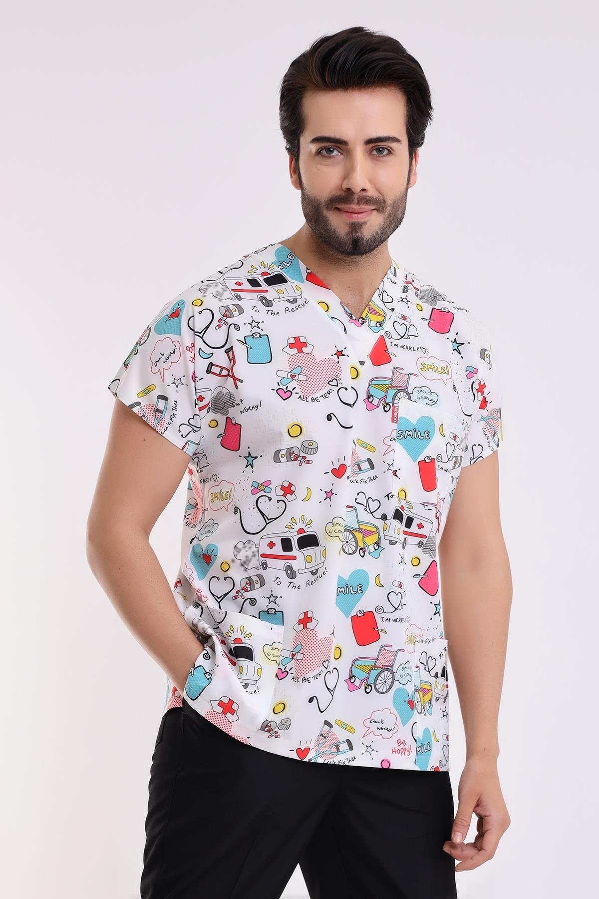 Yarasa Kol Dijital Desenli Üst - 6503 Beyaz Stetoskop