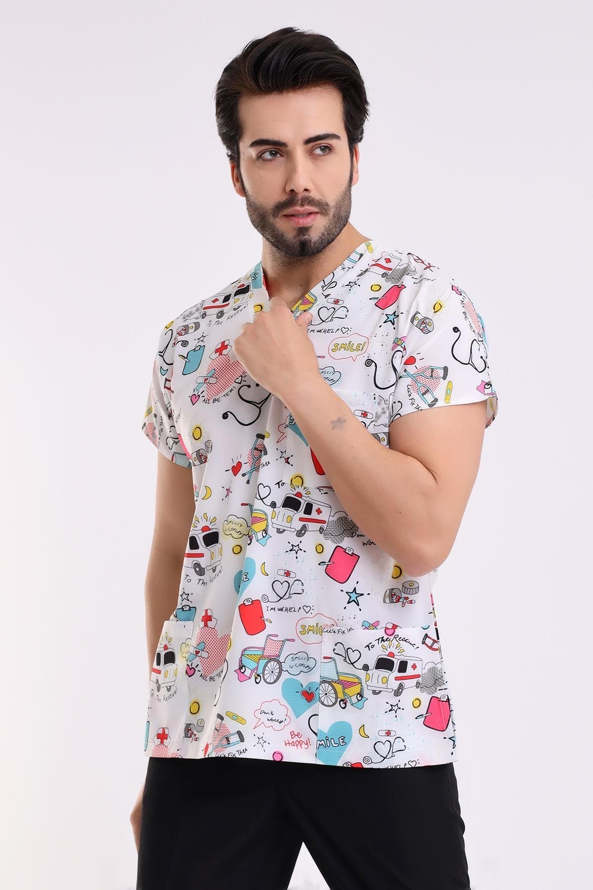 Yarasa Kol Dijital Desenli Üst - 6503 Beyaz Stetoskop