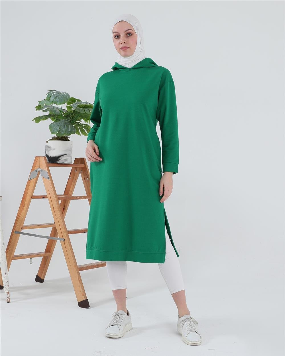 Atlas Kapşonlu Uzun Sade Basic Sweatshirt - 3007 - Benetton Yeşil