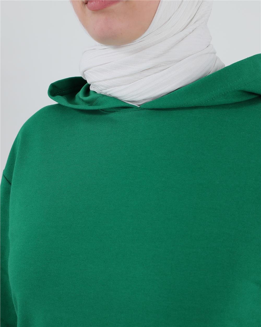 Atlas Kapşonlu Uzun Sade Basic Sweatshirt - 3007 - Benetton Yeşil