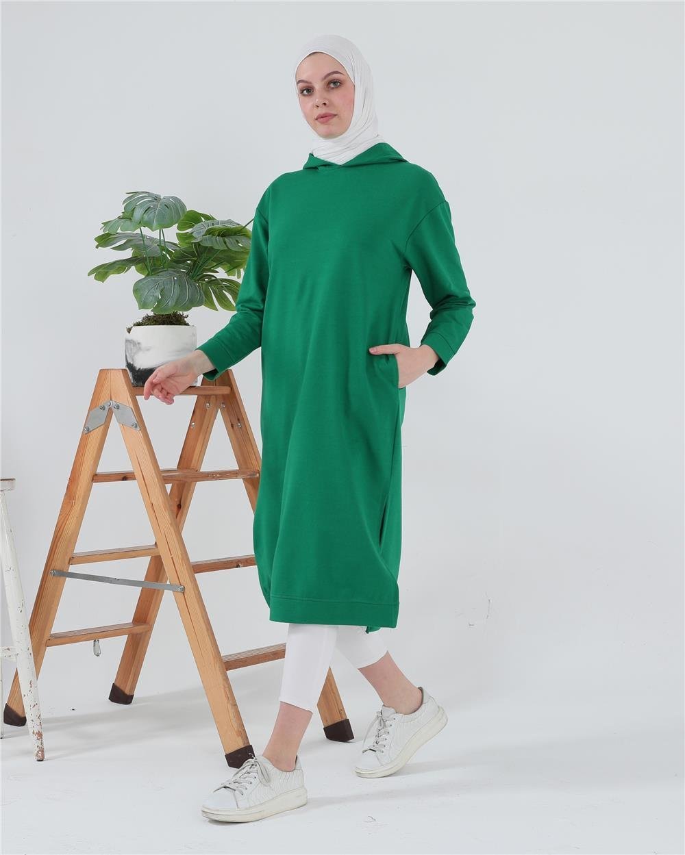 Atlas Kapşonlu Uzun Sade Basic Sweatshirt - 3007 - Benetton Yeşil