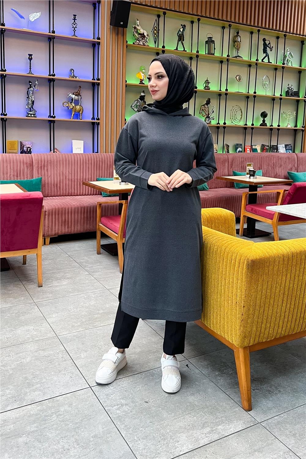 Atlas Kapşonlu Uzun Sade Basic Sweatshirt - 3007 - Antrasit