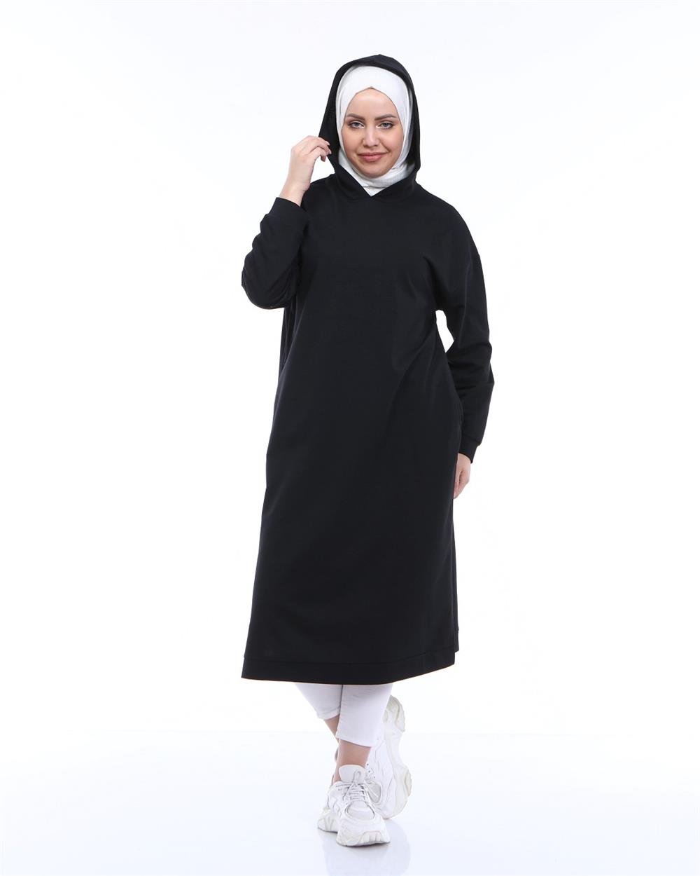 Atlas Kapşonlu Uzun Sade Basic Sweatshirt - 3007 - Siyah