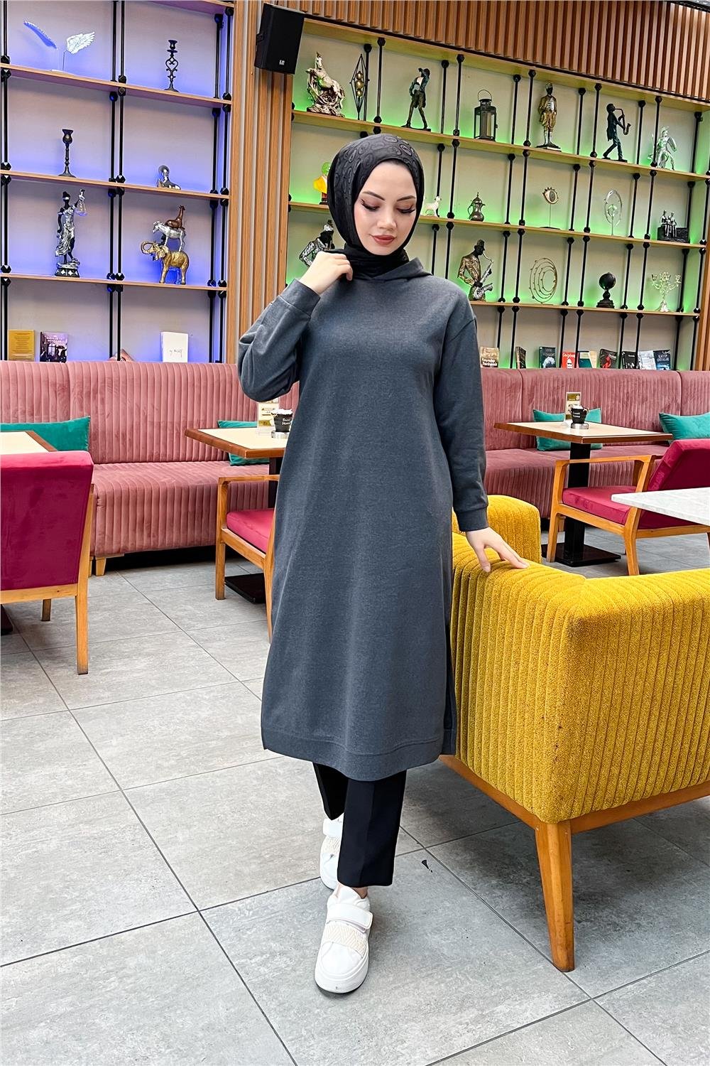Atlas Kapşonlu Uzun Sade Basic Sweatshirt - 3007 - Antrasit