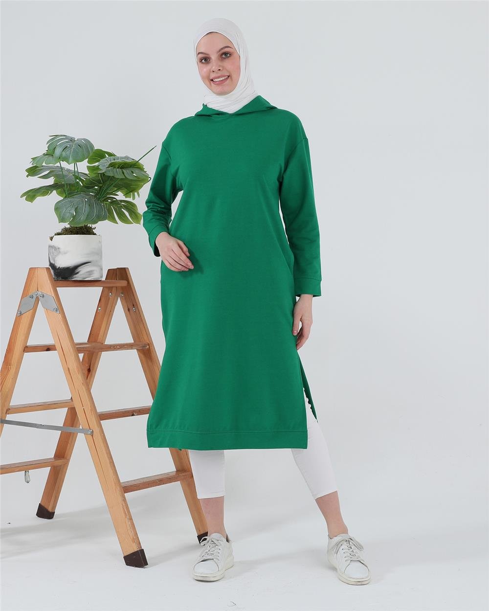 Atlas Kapşonlu Uzun Sade Basic Sweatshirt - 3007 - Benetton Yeşil