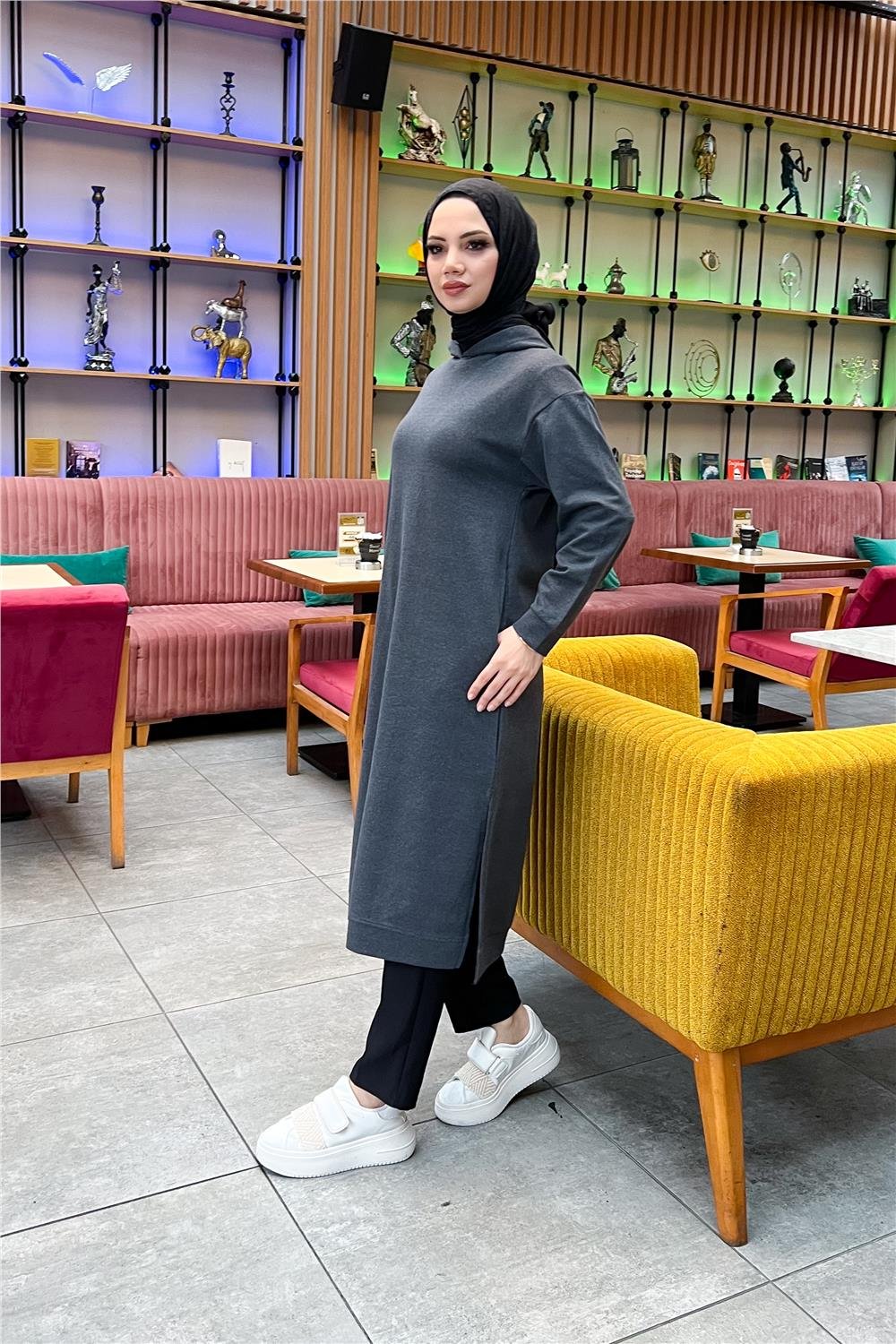 Atlas Kapşonlu Uzun Sade Basic Sweatshirt - 3007 - Antrasit