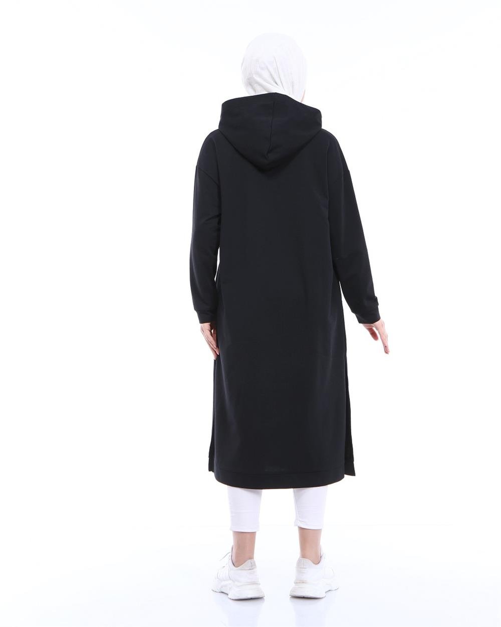 Atlas Kapşonlu Uzun Sade Basic Sweatshirt - 3007 - Siyah