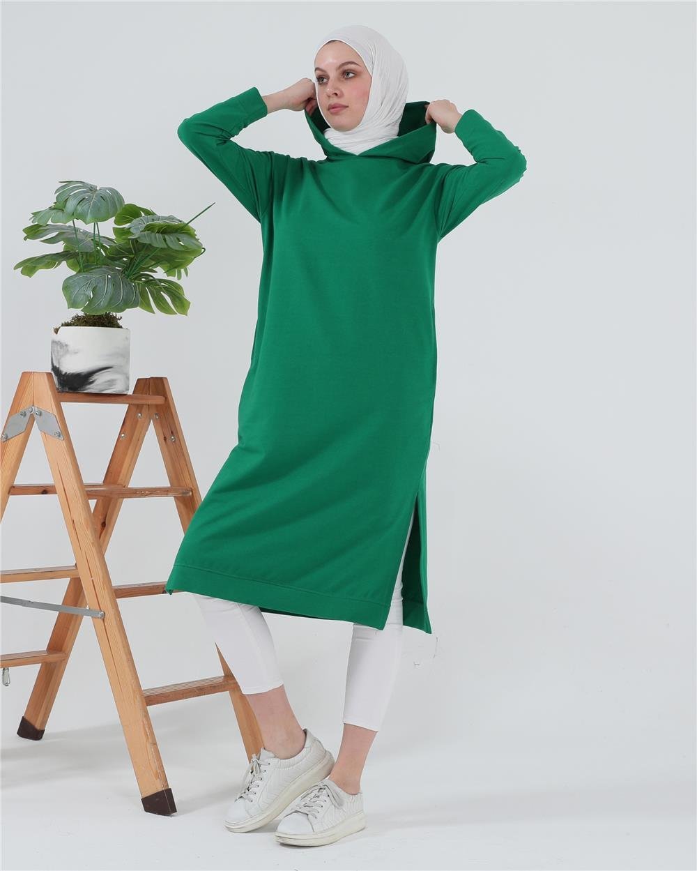 Atlas Kapşonlu Uzun Sade Basic Sweatshirt - 3007 - Benetton Yeşil