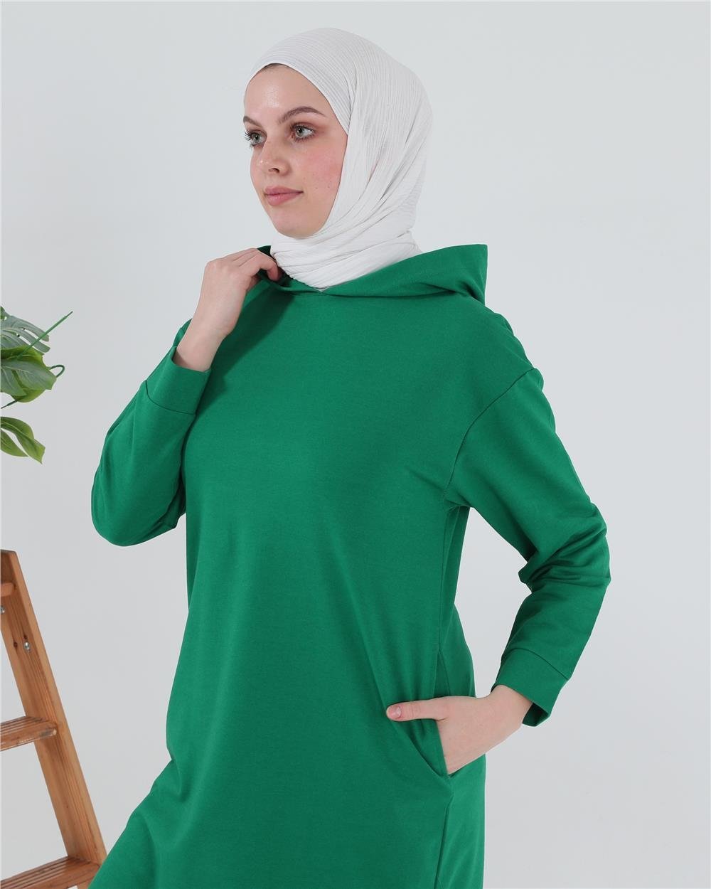 Atlas Kapşonlu Uzun Sade Basic Sweatshirt - 3007 - Benetton Yeşil