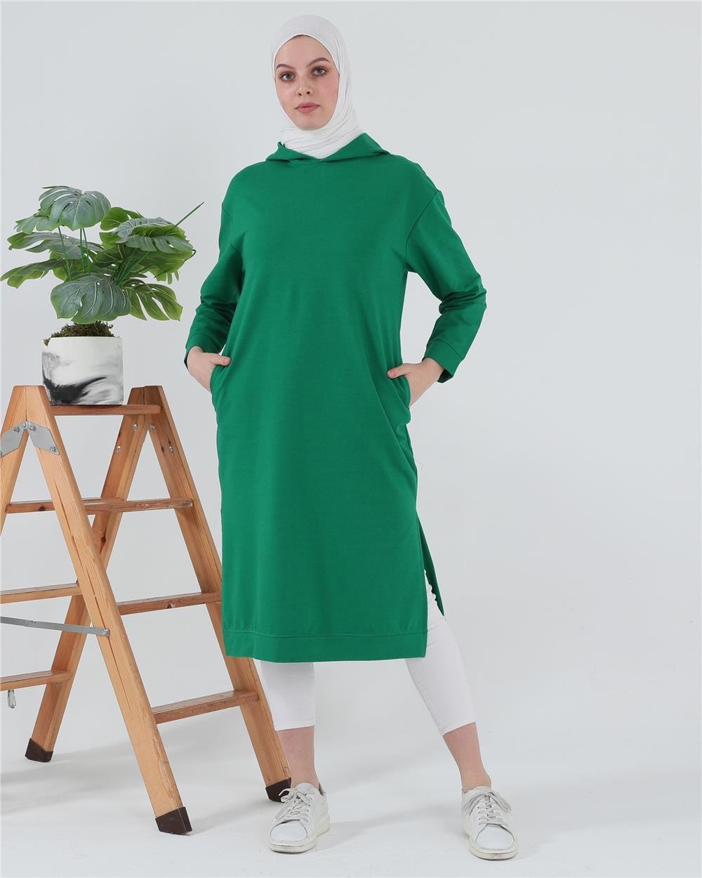 Atlas Kapşonlu Uzun Sade Basic Sweatshirt - 3007 - Benetton Yeşil