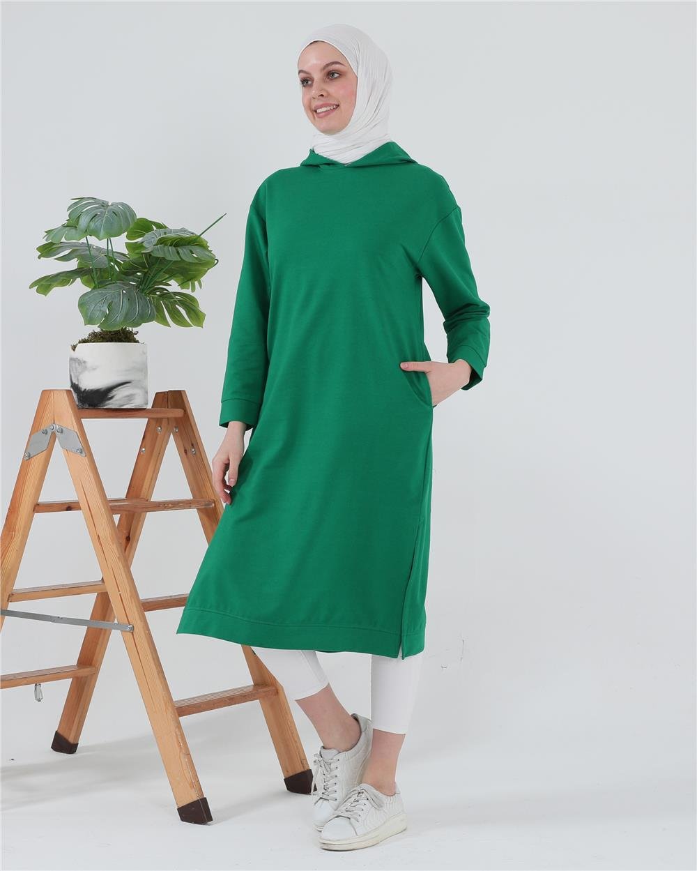 Atlas Kapşonlu Uzun Sade Basic Sweatshirt - 3007 - Benetton Yeşil