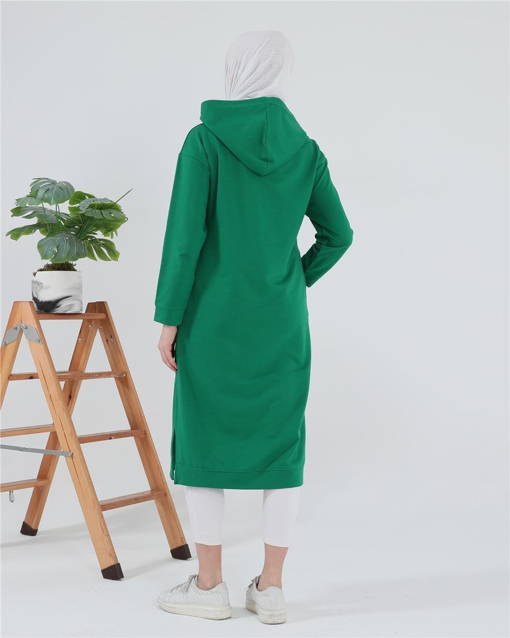 Atlas Kapşonlu Uzun Sade Basic Sweatshirt - 3007 - Benetton Yeşil