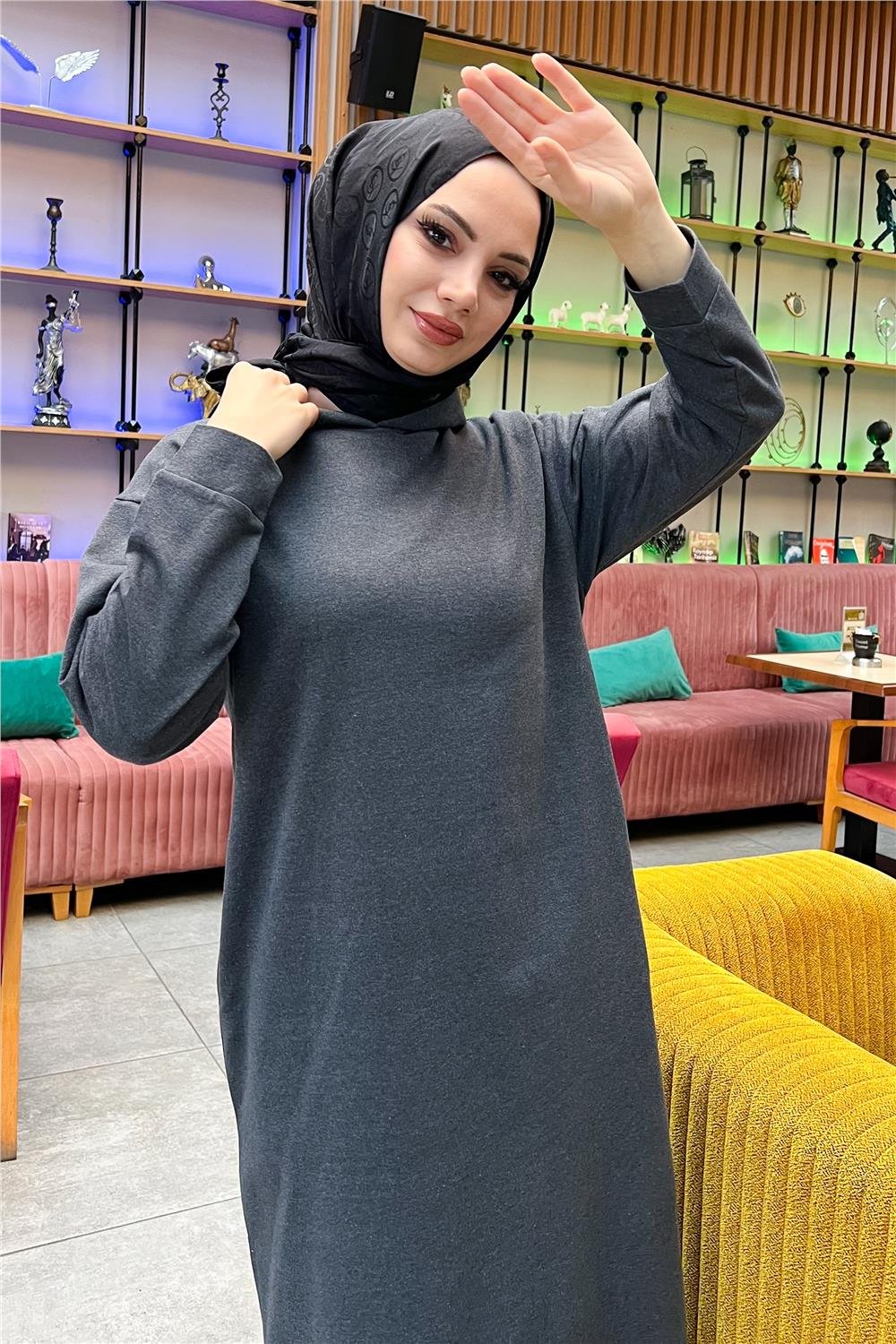 Atlas Kapşonlu Uzun Sade Basic Sweatshirt - 3007 - Antrasit