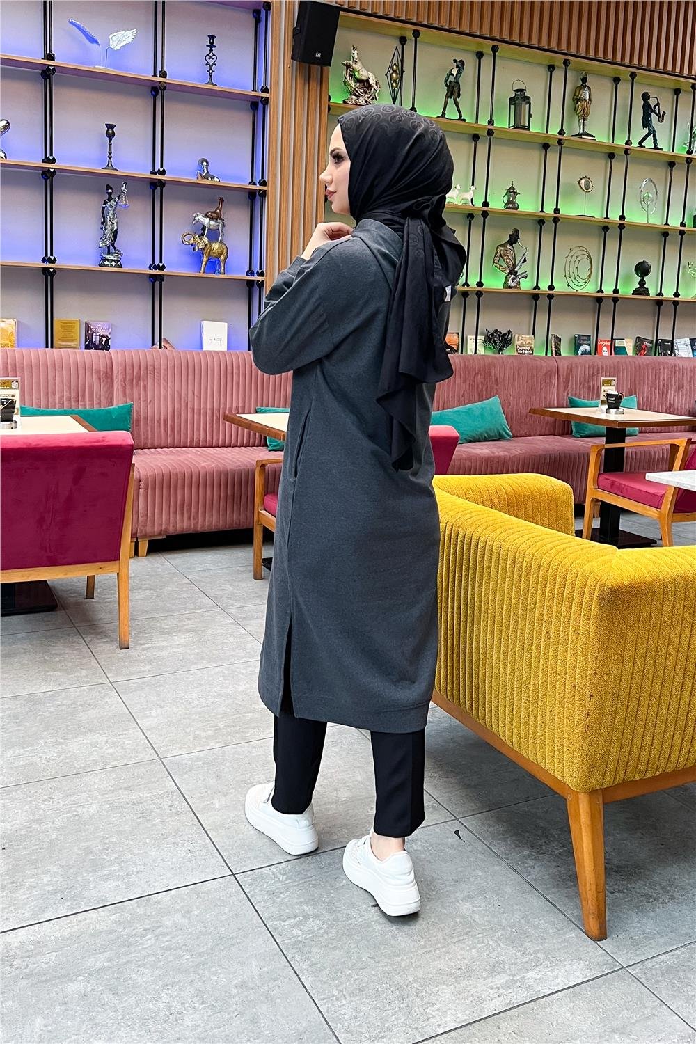Atlas Kapşonlu Uzun Sade Basic Sweatshirt - 3007 - Antrasit