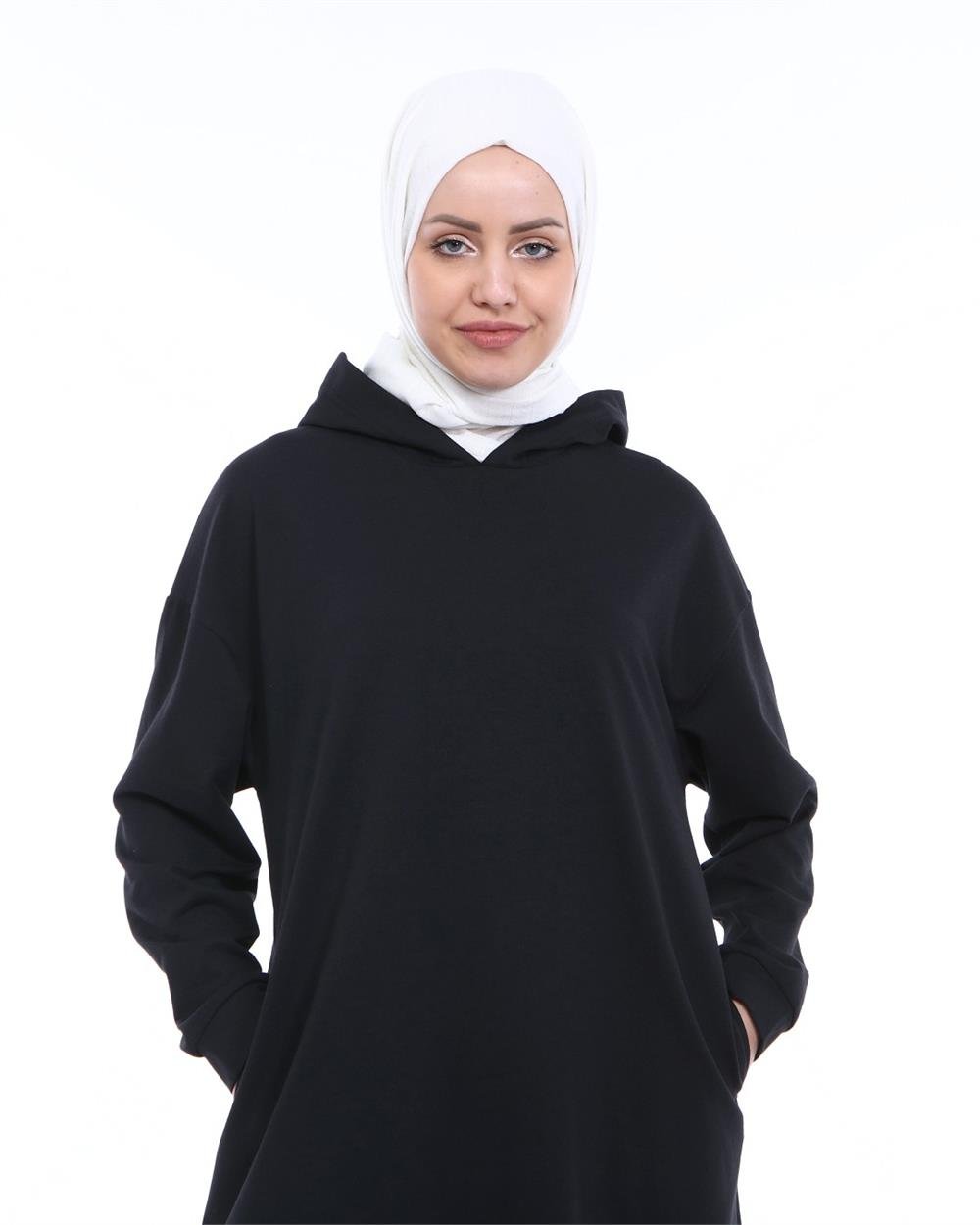 Atlas Kapşonlu Uzun Sade Basic Sweatshirt - 3007 - Siyah