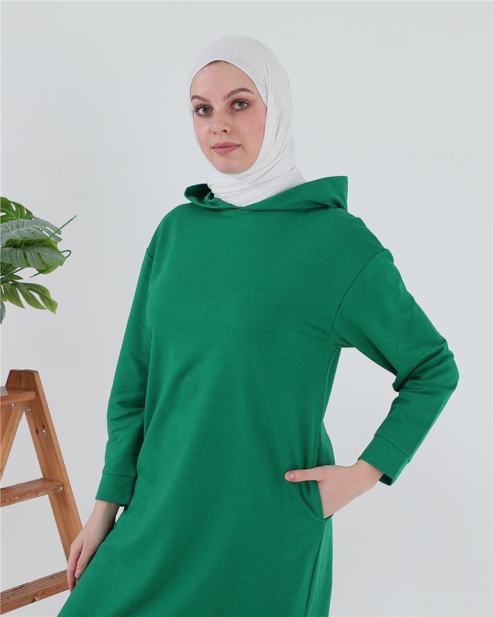 Atlas Kapşonlu Uzun Sade Basic Sweatshirt - 3007 - Benetton Yeşil