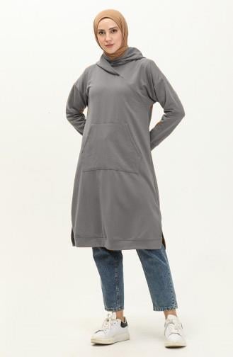 Aysima Yaka Detaylı Kapşonlu Sade Basic Sweatshirt - 3032 - Antrasit