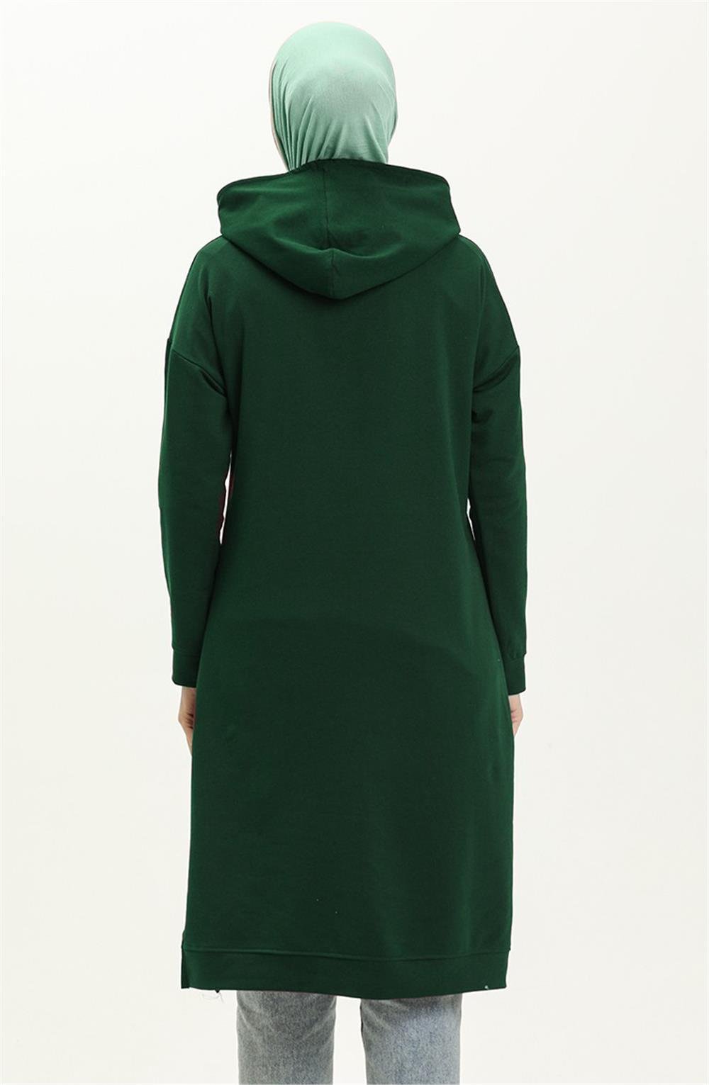 Aysima Yaka Detaylı Kapşonlu Sade Basic Sweatshirt - 3032 - Zümrüt