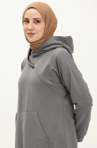 Aysima Yaka Detaylı Kapşonlu Sade Basic Sweatshirt - 3032 - Antrasit
