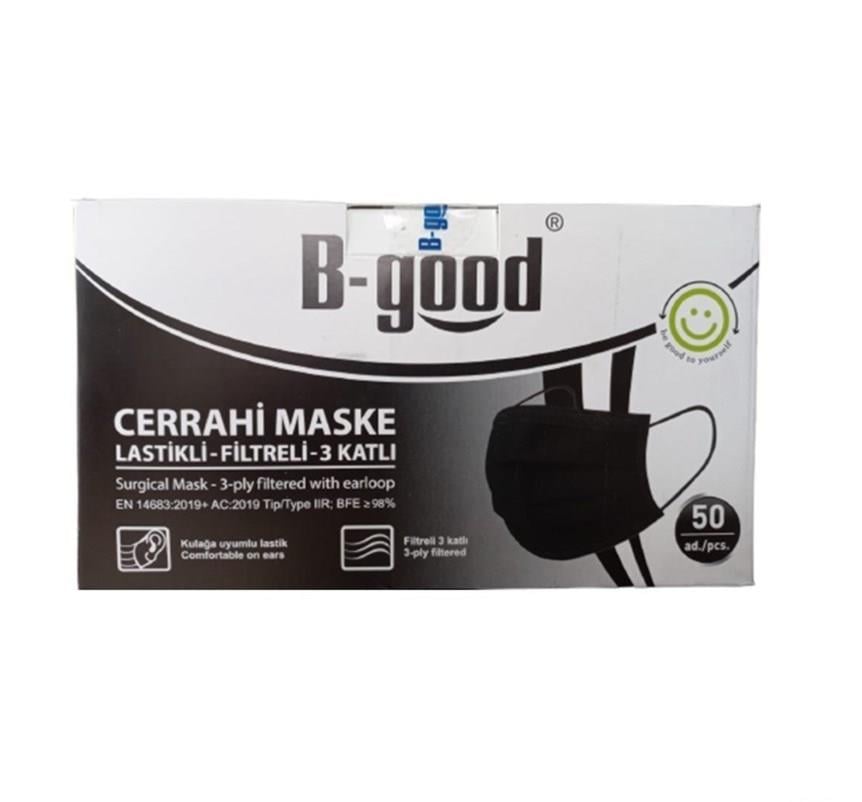 B-Good 3 Katlı Siyah Dökme Cerrahi Maske Telli 50'li