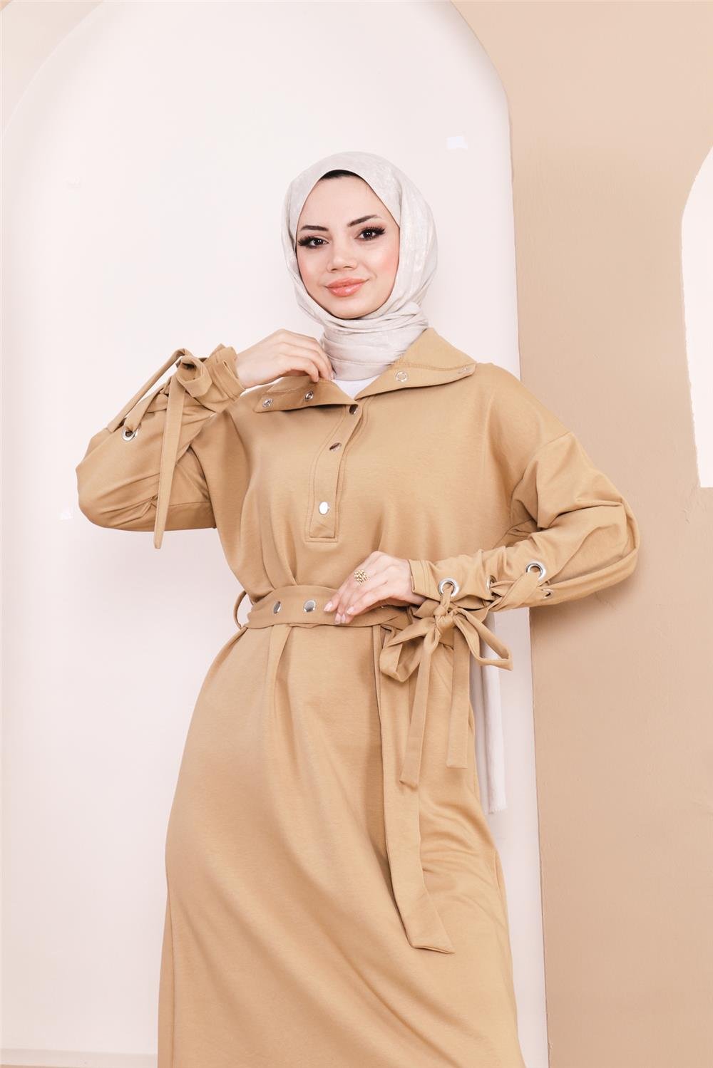 Belden Bağlamalı Çıtçıtlı Kol Şerit Detaylı Uzun Elbise - 71183.107 - Saman Sarısı