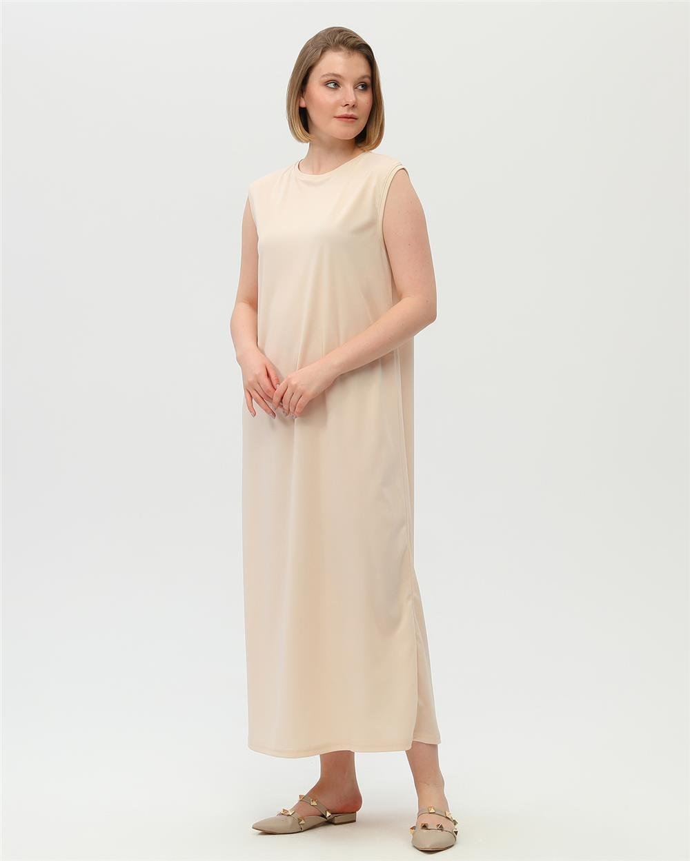 Defile İçlik Sade Basic Kolsuz Elbise - 6041 - Krem