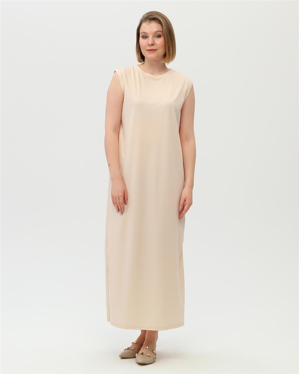 Defile İçlik Sade Basic Kolsuz Elbise - 6041 - Krem