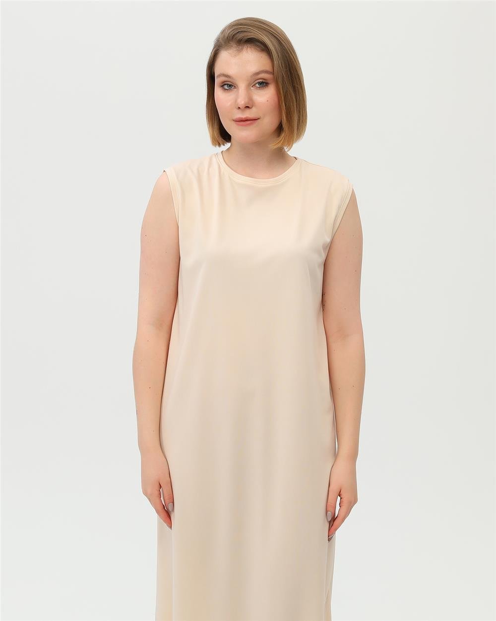 Defile İçlik Sade Basic Kolsuz Elbise - 6041 - Krem
