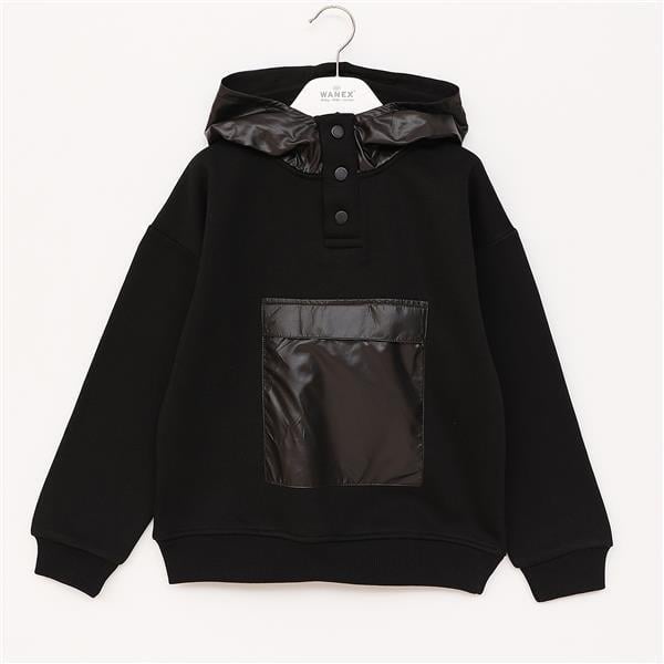Erkek Çocuk Uzun Kol Paraşüt Kumaş Detaylı Şardonlu Kapüşonlu Sweatshirt - 16733 - Siyah