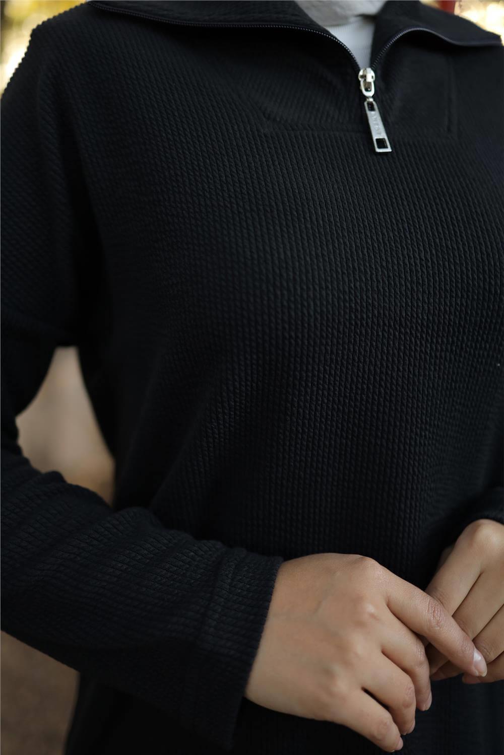 Fermuar Yaka Sade Sweat İkili Takım - 71221.003 - Siyah