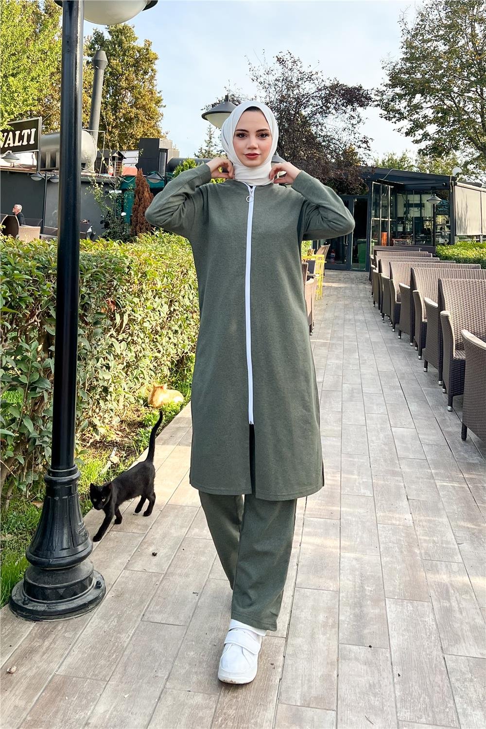 Fermuarlı Uzun Sade Basic Kap Eşofman Spor Takımı - 3044 - Haki