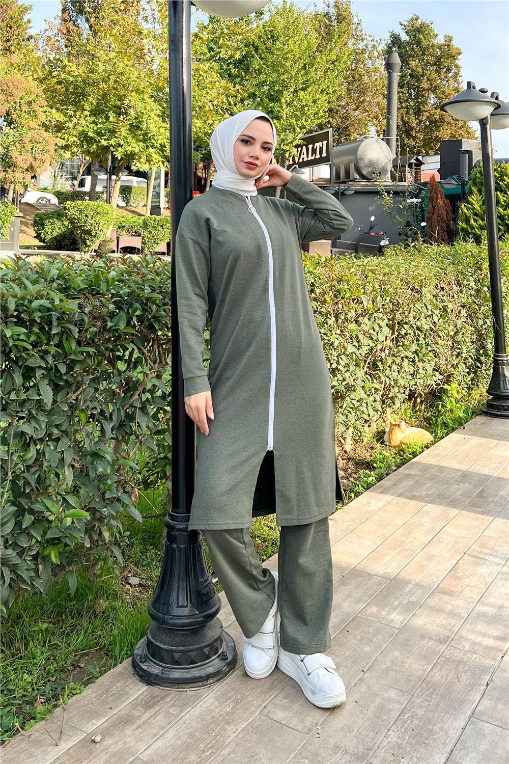 Fermuarlı Uzun Sade Basic Kap Eşofman Spor Takımı - 3044 - Haki