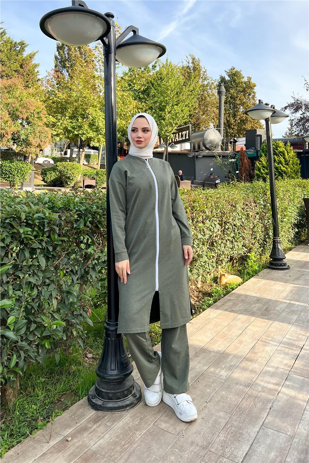 Fermuarlı Uzun Sade Basic Kap Eşofman Spor Takımı - 3044 - Haki