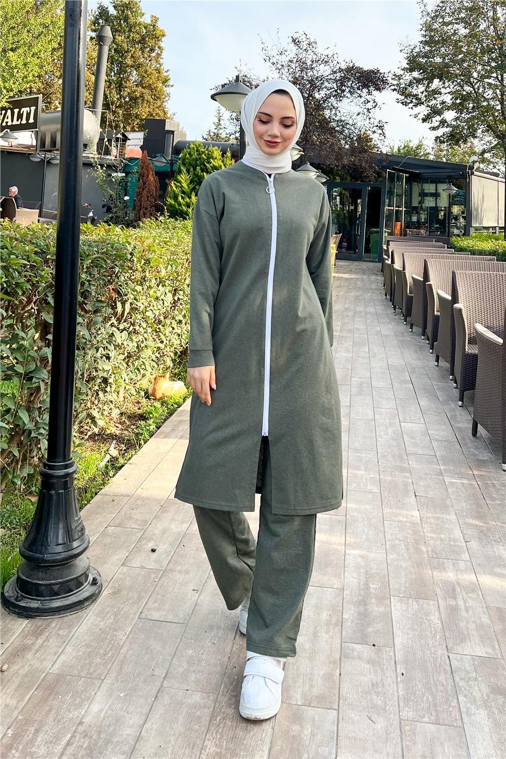 Fermuarlı Uzun Sade Basic Kap Eşofman Spor Takımı - 3044 - Haki