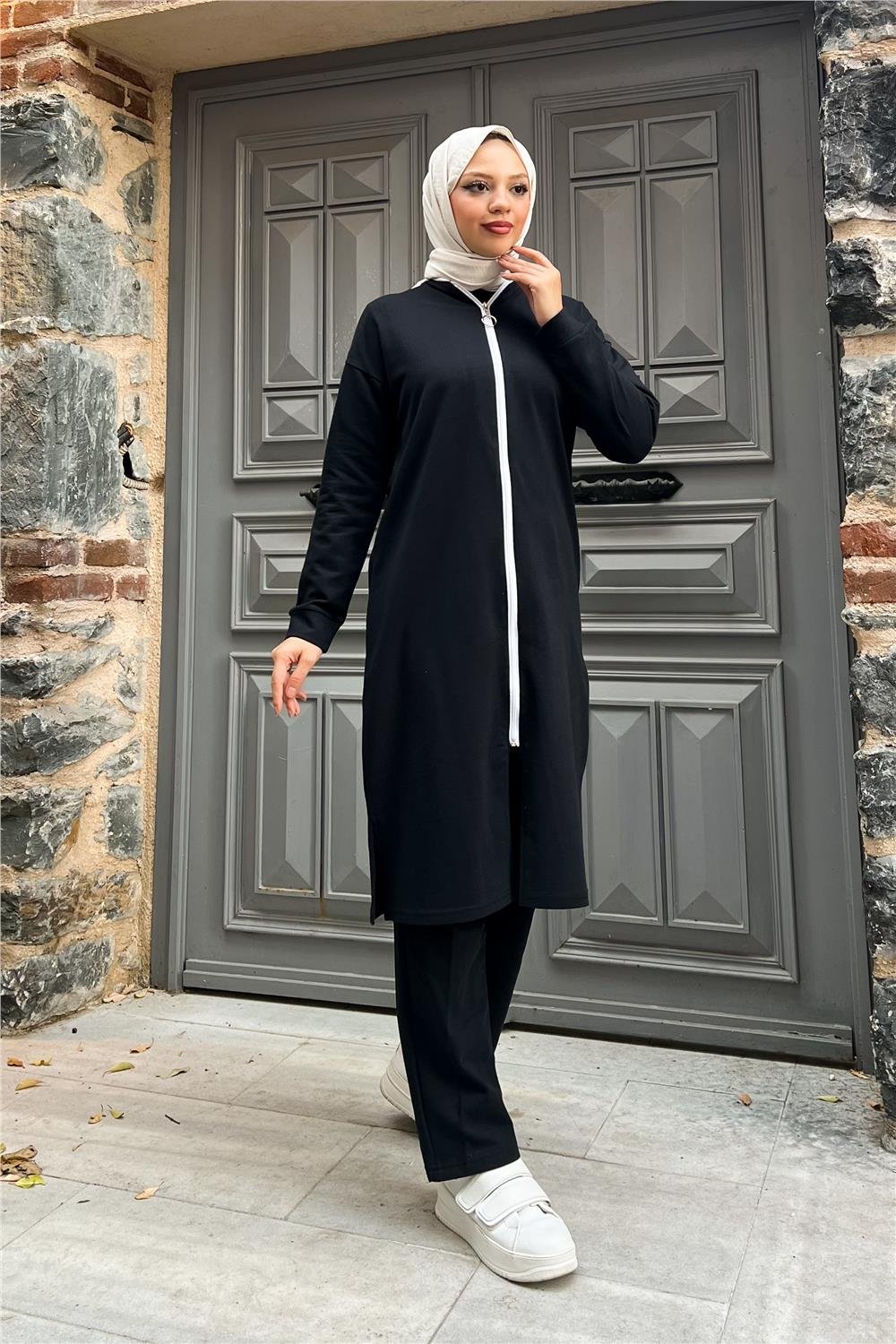 Fermuarlı Uzun Sade Basic Kap Eşofman Spor Takımı - 3044 - Siyah