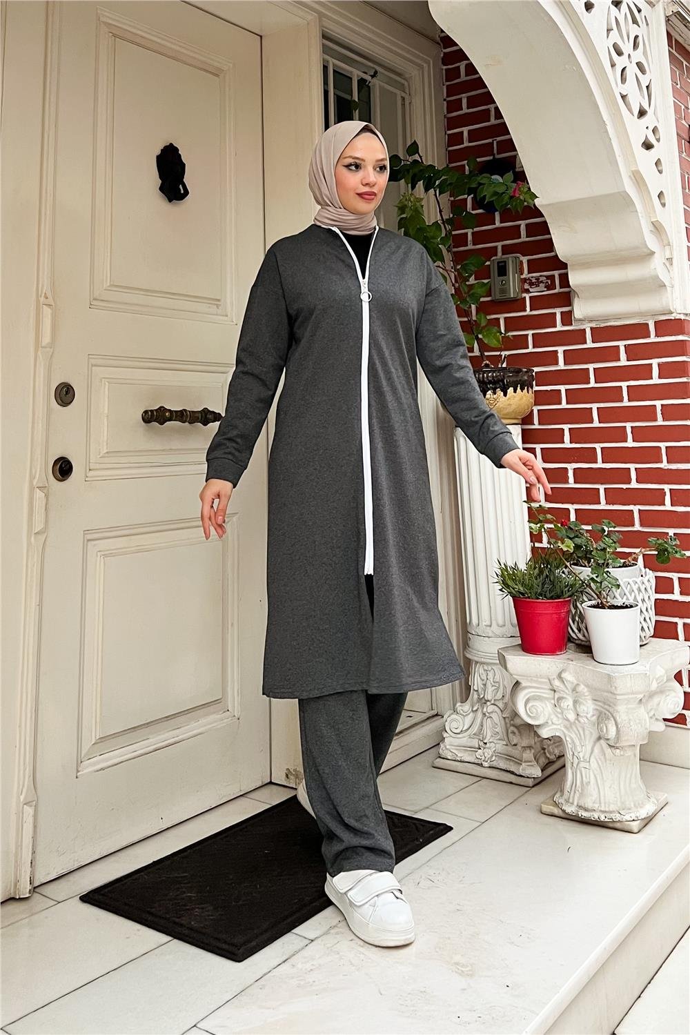 Fermuarlı Uzun Sade Basic Kap Eşofman Spor Takımı - 3044 - Antrasit