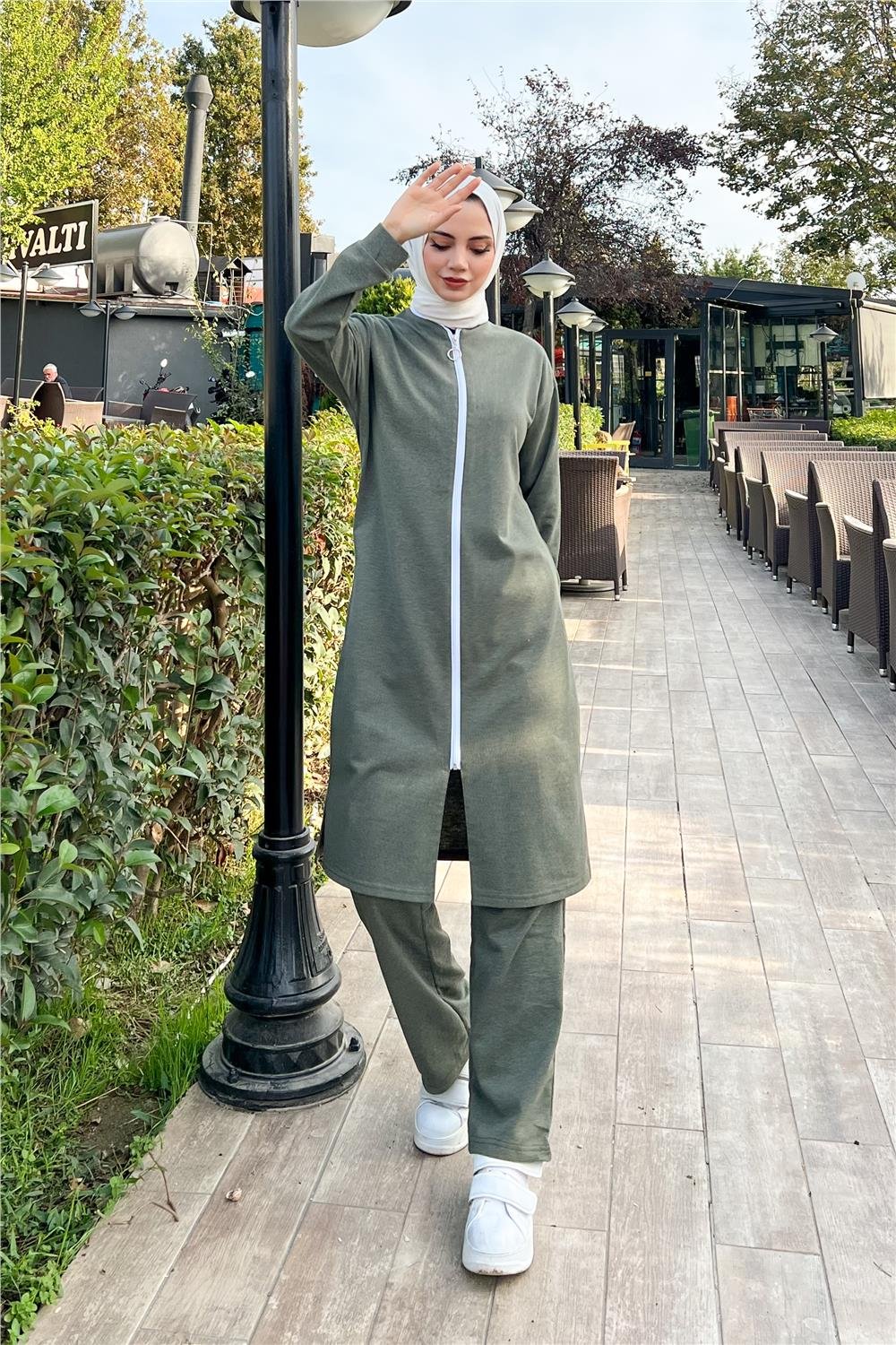Fermuarlı Uzun Sade Basic Kap Eşofman Spor Takımı - 3044 - Haki