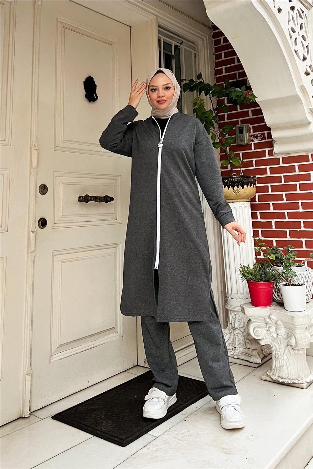 Fermuarlı Uzun Sade Basic Kap Eşofman Spor Takımı - 3044 - Antrasit