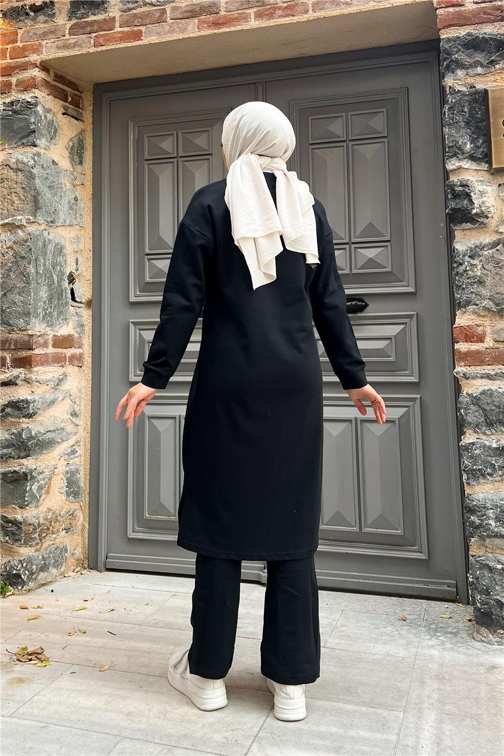 Fermuarlı Uzun Sade Basic Kap Eşofman Spor Takımı - 3044 - Siyah