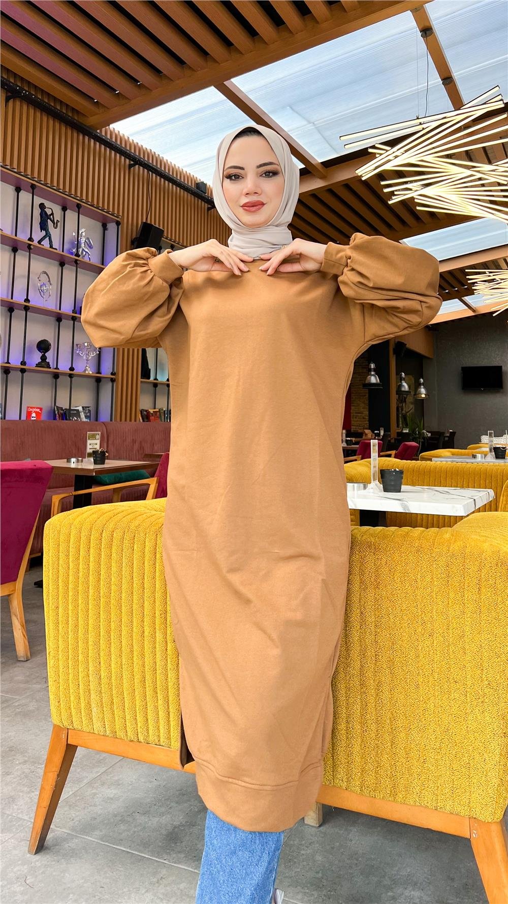 Hira Balon Kol Midi Boy Sade Basic Sweatshirt - 3031 - Taba