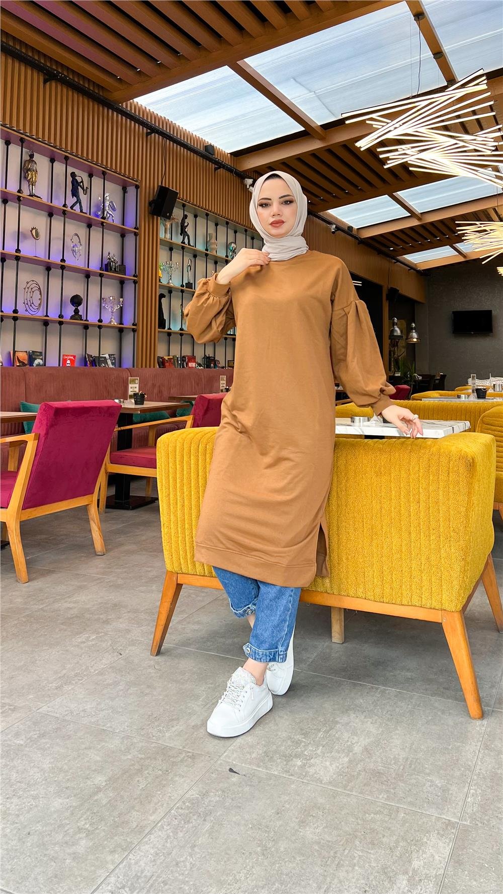 Hira Balon Kol Midi Boy Sade Basic Sweatshirt - 3031 - Taba