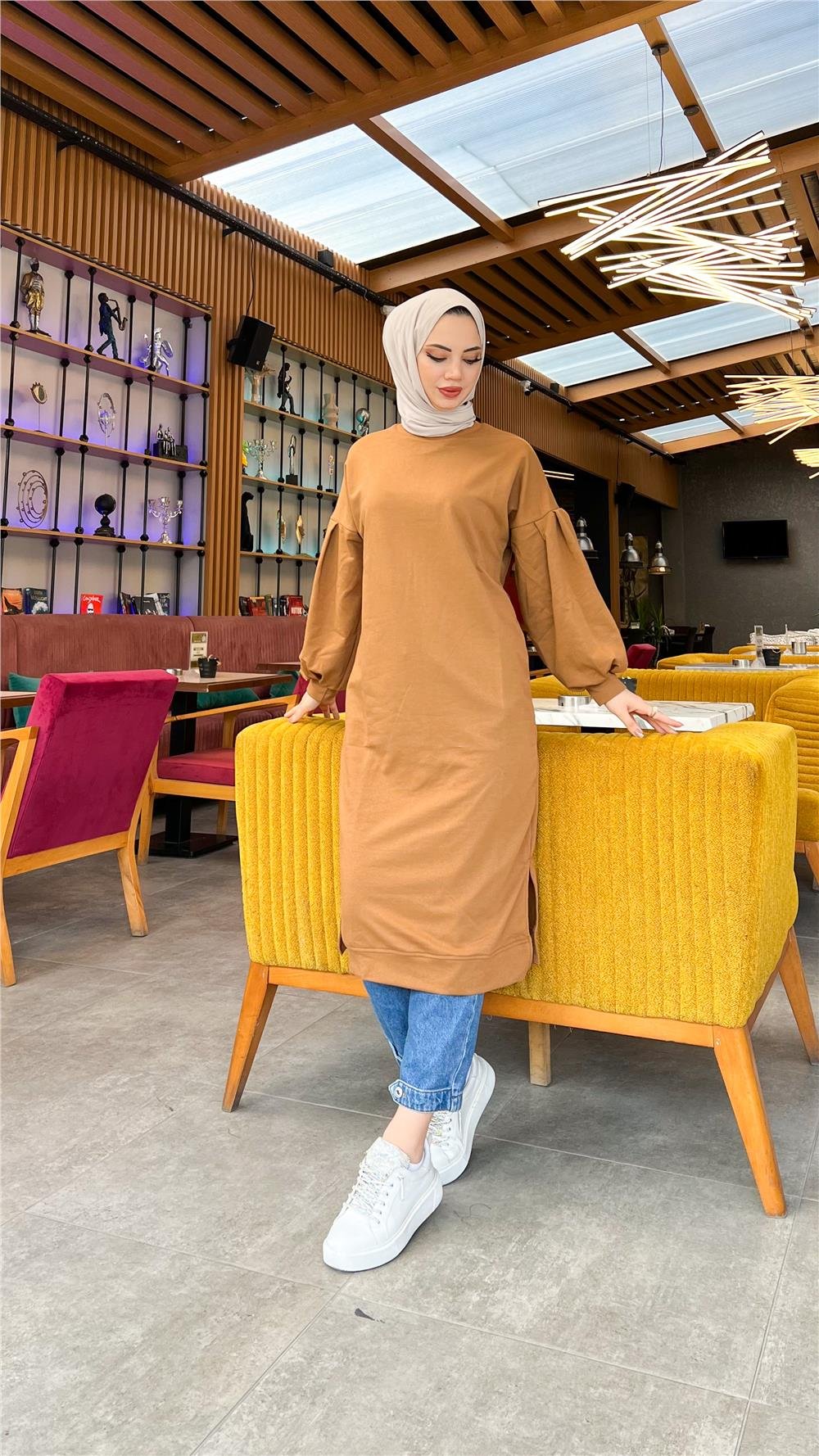 Hira Balon Kol Midi Boy Sade Basic Sweatshirt - 3031 - Taba