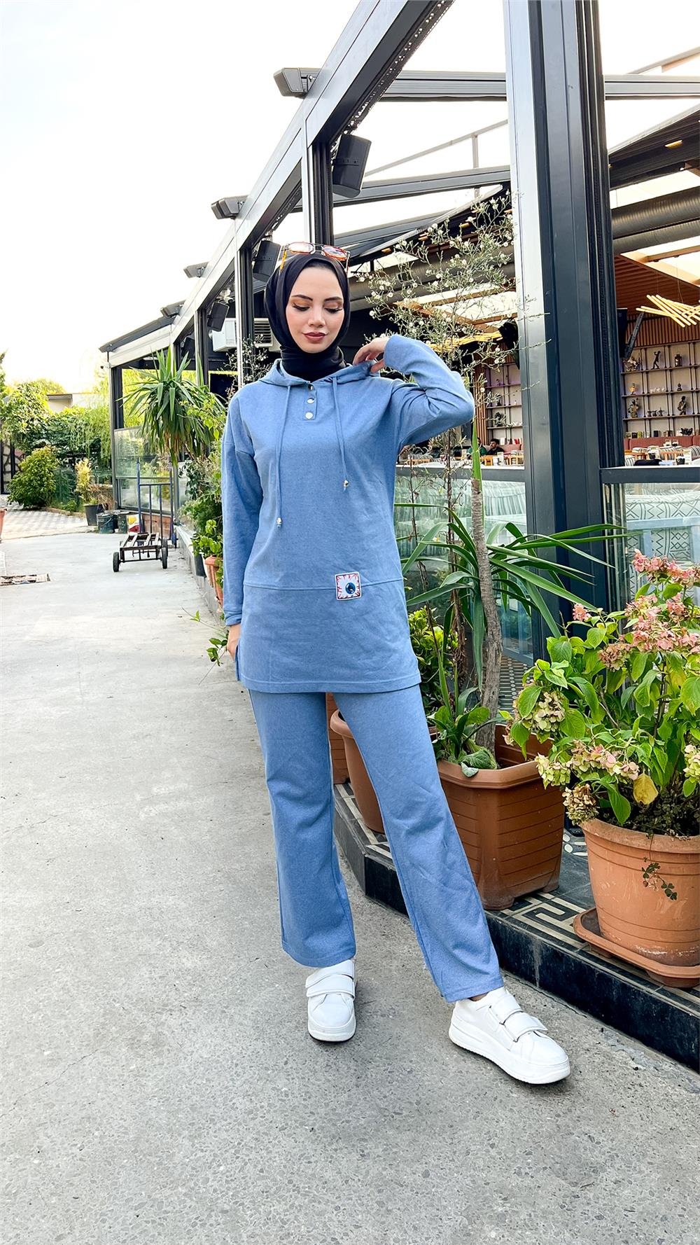 Kapşonlu Çıtçıtlı Sade Basic İkili Eşofman Spor Takımı - 3036 - Mavi
