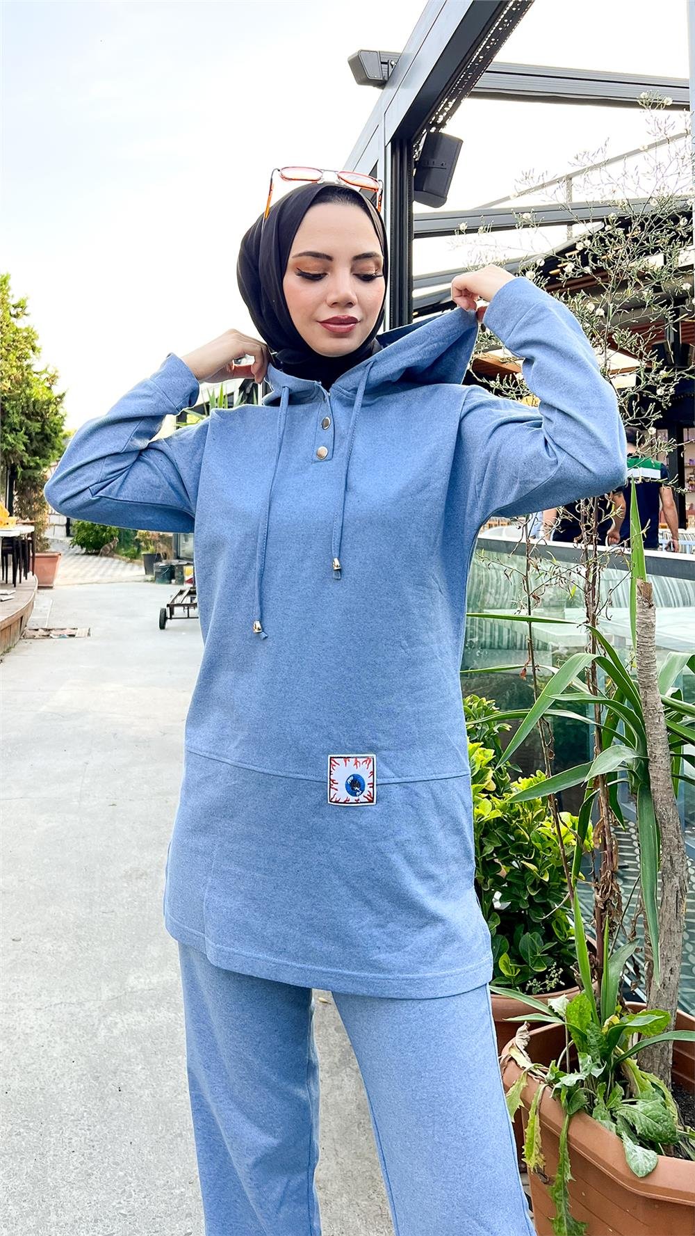Kapşonlu Çıtçıtlı Sade Basic İkili Eşofman Spor Takımı - 3036 - Mavi